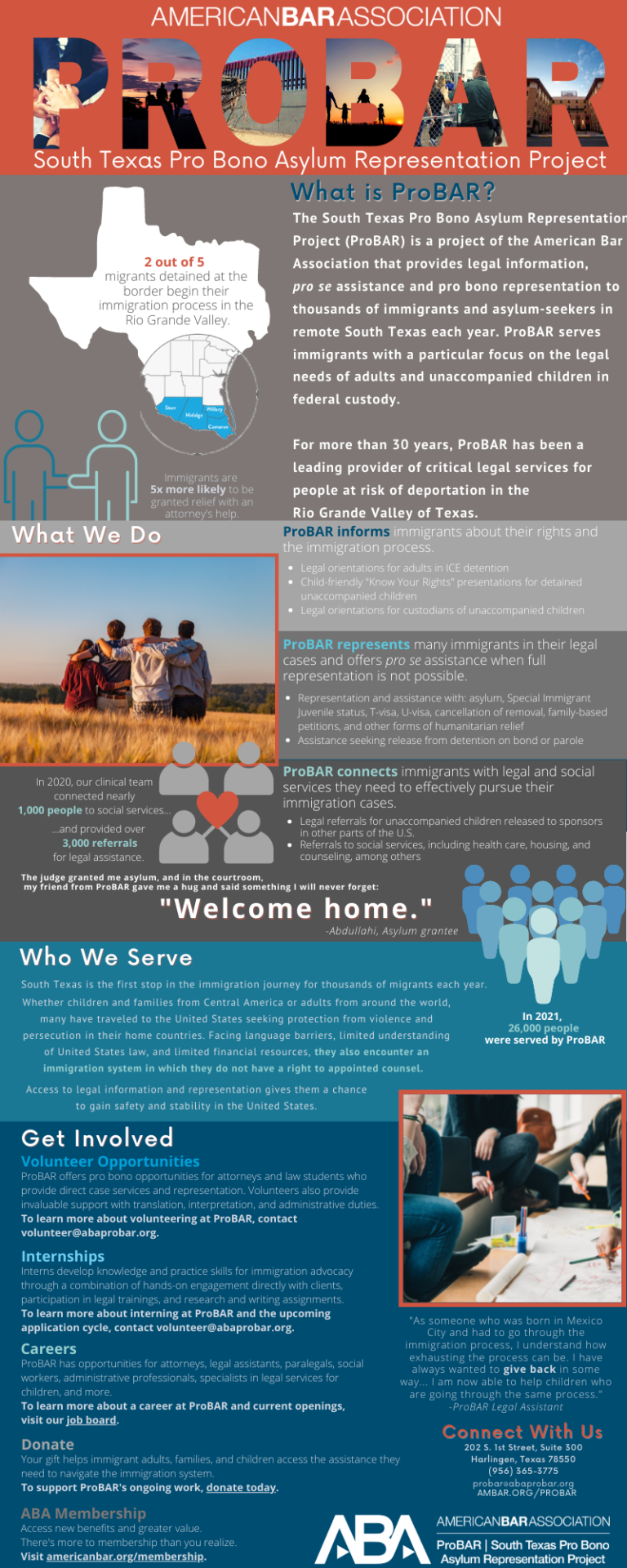 Infographic: American Bar Association PROBAR South Texas Pro Bono Asylum Representation Project 2 out of 5 migrants detained at the border begin their immigration process in the Rio Grande Valley. Immigrants are 5x more likely to be granted relief with an attorney's help. What is ProBAR? The South Texas Pro Bono Asylum Representation Project (ProBAR) is a project of the American Bar Association that provides legal information, pro se assistance and pro bono representation to thousands of immigrants and asylum-seekers in remote South Texas each year. ProBAR serves immigrants with a particular focus on the legal needs of adults and unaccompanied children in federal custody. For more than 30 years, ProBAR has been a leading provider of critical legal services for people at risk of deportation in the Rio Grande Valley of Texas. What We Do ProBAR informs immigrants about their rights and the immigration process. Legal orientations for adults in ICE detention Child-friendly "Know Your Rights" presentations for detained unaccompanied children Legal orientations for custodians of unaccompanied children ProBAR represents many immigrants in their legal cases and offers pro se assistance when full representation is not possible. Representation and assistance with: asylum, Special Immigrant Juvenile status, T-visa, U-visa, cancellation of removal, family-based petitions, and other forms of humanitarian relief Assistance seeking release from detention on bond or parole ProBAR connects immigrants with legal and social services they need to effectively pursue their immigration cases. Legal referrals for unaccompanied children released to sponsors in other parts of the U.S. Referrals to social services, including health care, housing, and counseling, among others In 2020, our clinical team connected nearly 1,000 people to social services... ...and provided over 3,000 referrals for legal assistance. The judge granted me asylum, and in the courtroom, my friend from ProBAR gave me a hug and said something I will never forget: "Welcome home." -Abdullahi, Asylum grantee Who We Serve South Texas is the first stop in the immigration journey for thousands of migrants each year. Whether children and families from Central America or adults from around the world, many have traveled to the United States seeking protection from violence and persecution in their home countries. Facing language barriers, limited understanding of United States law, and limited financial resources, they also encounter an immigration system in which they do not have a right to appointed counsel. Access to legal information and representation gives them a chance to gain safety and stability in the United States. In 2021, 26,000 people were served by ProBAR. Get Involved Volunteer Opportunities ProBAR offers pro bono opportunities for attorneys and law students who provide direct case services and representation. Volunteers also provide invaluable support with translation, interpretation, and administrative duties. To learn more about volunteering at ProBAR, contact volunteer@abaprobar.org. Internships Interns develop knowledge and practice skills for immigration advocacy through a combination of hands-on engagement directly with clients, participation in legal trainings, and research and writing assignments. To learn more about interning at ProBAR and the upcoming application cycle, contact volunteer@abaprobar.org. Careers ProBAR has opportunities for attorneys, legal assistants, paralegals, social workers, administrative professionals, specialists in legal services for children, and more. To learn more about a career at ProBAR and current openings, visit our job board. Donate Your gift helps immigrant adults, families, and children access the assistance they need to navigate the immigration system. To support ProBAR's ongoing work, donate today. ABA Membership Access new benefits and greater value. There's more to membership than you realize. Visit americanbar.org/membership. "As someone who was born in Mexico City and had to go through the immigration process, I understand how exhausting the process can be. I have always wanted to give back in some way... I am now able to help children who are going through the same process." -ProBAR Legal Assistant Connect With Us 202 S. 1st Street, Suite 300 Harlingen, Texas 78550 (956) 365-3775 probar@abaprobar.org ambar.org/probar ProBAR logo