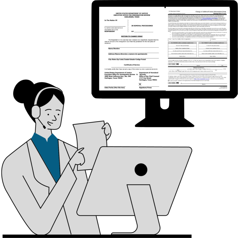 Graphic of woman at desk showcasing a COV form