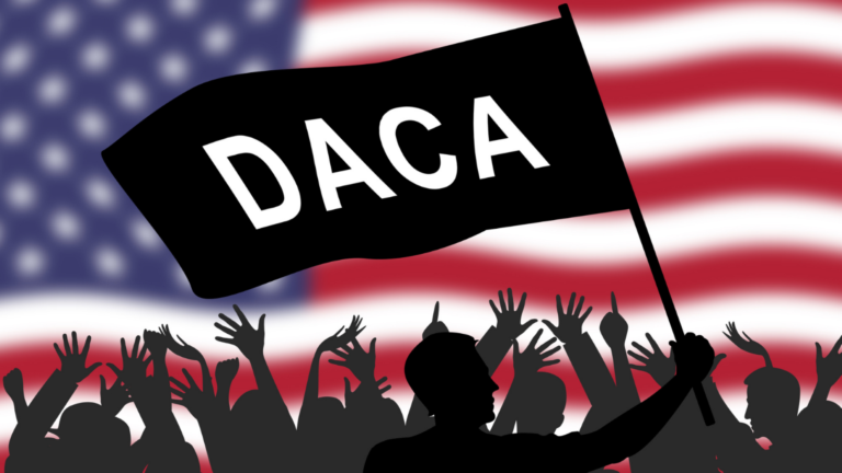 Graphic of crowd waving DACA flag in front of USA flag.