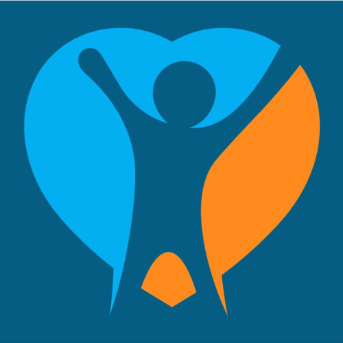 Cartoon graphic with a person standing in front of a blue and orange heart with their arms raised.