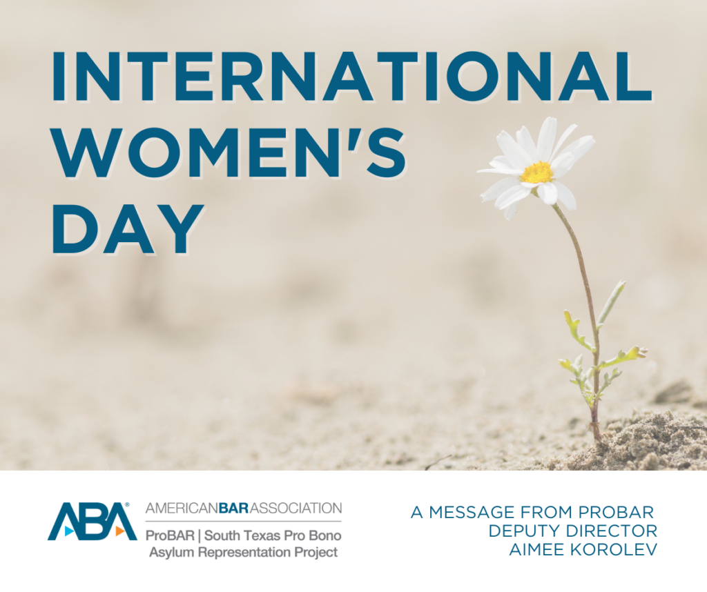 A flower grows out of a barren ground. The text International Women's Day sits above it in thick blue type. At the bottom, a white bar with the ProBAR logo.