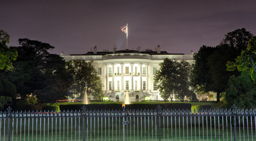 September 12, 2017, Washington, DC, USA: The White House at night during the Trump Administration.