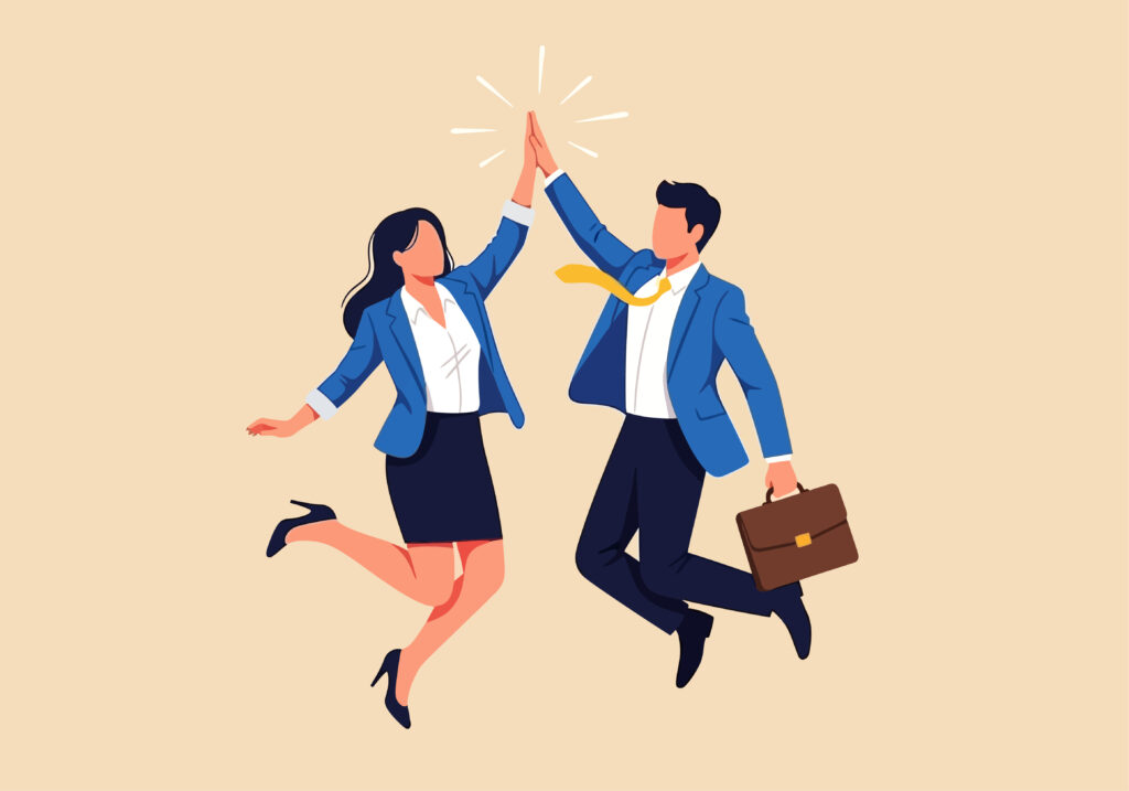 digital illustration of man and woman in suits high fiving while jumping